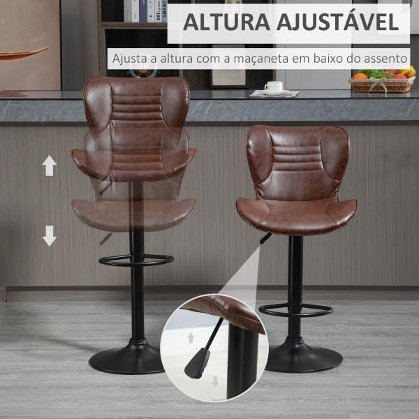 Conjunto de 2 Bancos de Bar Estofados em Couro Sintético Bancos Altos com Altura Ajustável Giratório com Encosto e Apoio para os Pés 46,5x54x88 - 108cm Marrom