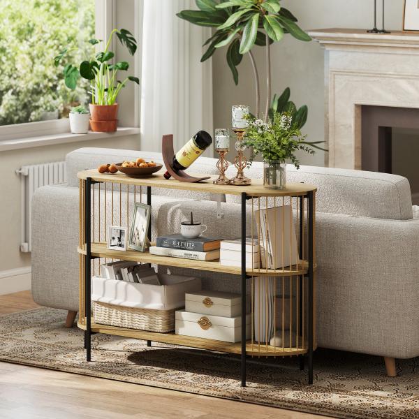 Mesa Consola com Corda de Papel Trançada à Mão Consola de Entrada de 3 Níveis com Estrutura de Aço Estilo Boémio 124x43,5x80 cm Madeira