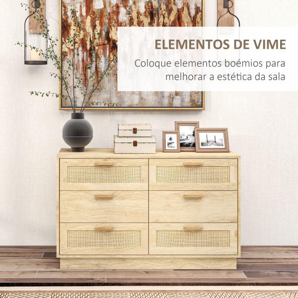 Cómoda para Quarto Cómoda de Madeira com 6 Gavetas de Vime Estilo Boêmio para Corredor Escritório 110x40x69 cm Carvalho