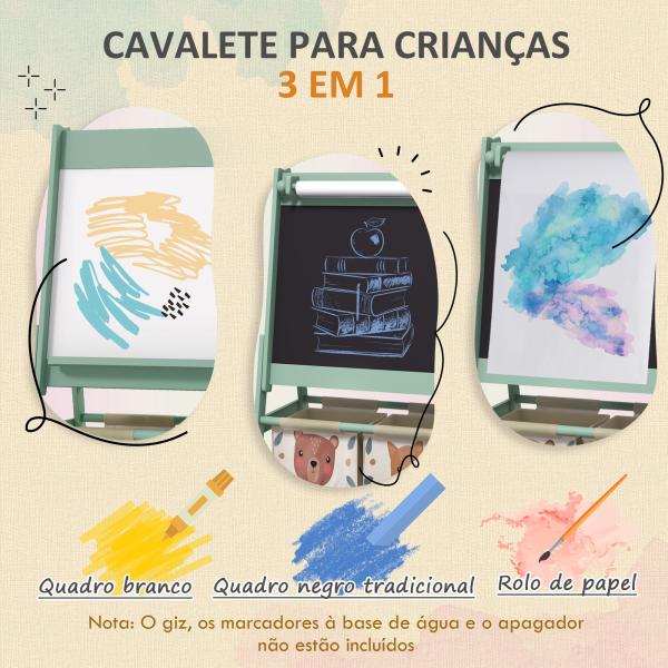 Cavalete para Crianças 3 em 1 Cavalete de Arte com Rolo de Papel Quadro e 2 Cestas de Armazenamento 54x46,5x93 cm Verde