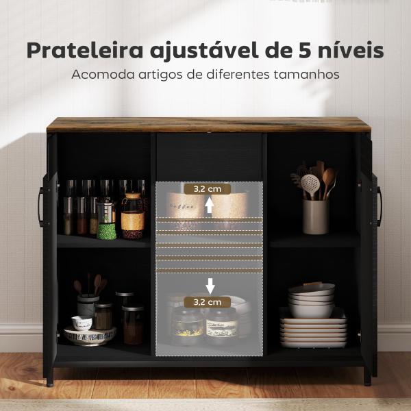 Aparador de 2 Portas com Orifícios 2 Compartimentos e Gaveta Prateleiras Ajustáveis 100x40x80 cm Preto e Castanho Rústico
