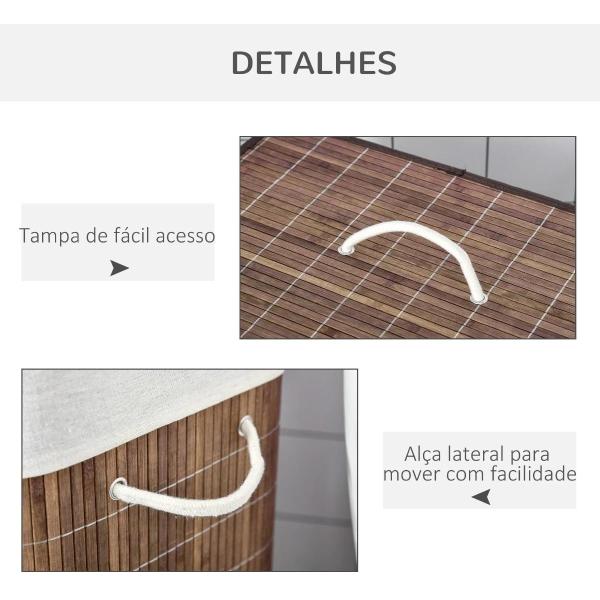 Cesto de Roupa de Bambú Capacidade de 100L Cesta para Roupa Suja Retangular com Tampa Removível Bolsa com 2 Compartimentos 52x32x63cm Marrom