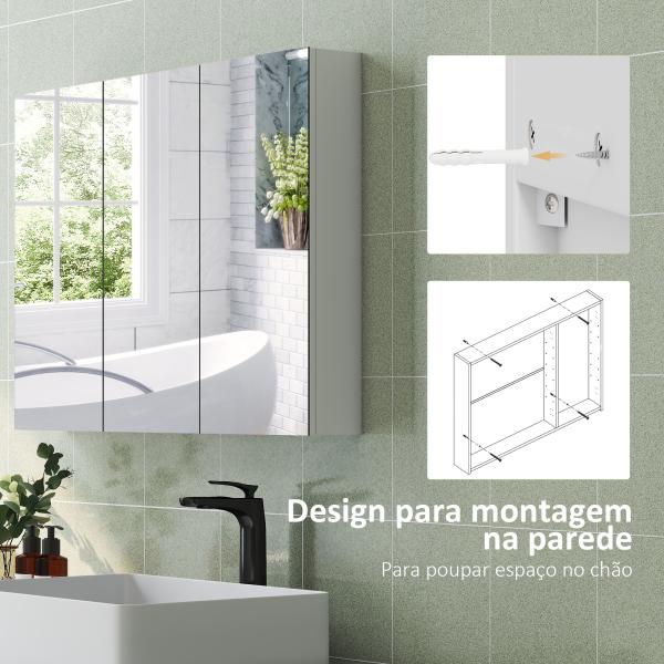 Armário de Casa de Banho com Espelho Armário de Parede Casa de Banho Suspenso com 3 Portas Prateleiras Ajustáveis 91,5x11,5x65 cm Branco