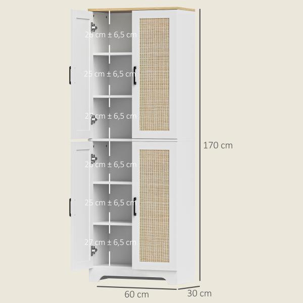 Armário de Cozinha com Prateleiras Ajustáveis Portas em Vime e Sistema Anti - Tombo 60x30x170 com Branco