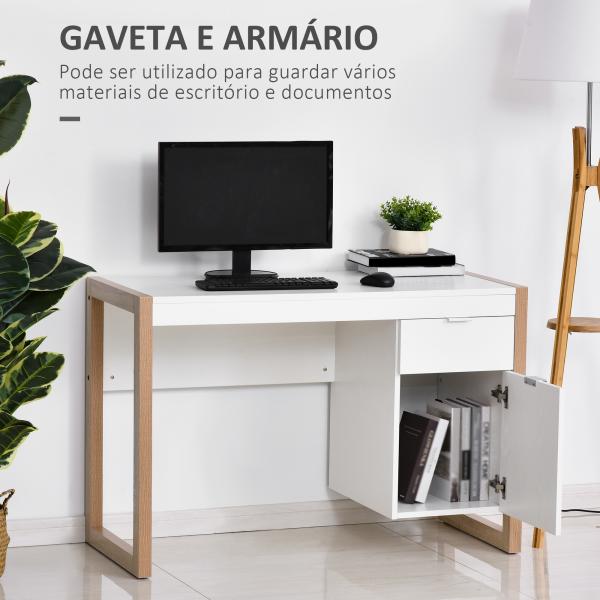 Mesa de Computador com Gaveta Armário Pés em Forma Retangular112,5x50x75,5 cm Branco e Madeira