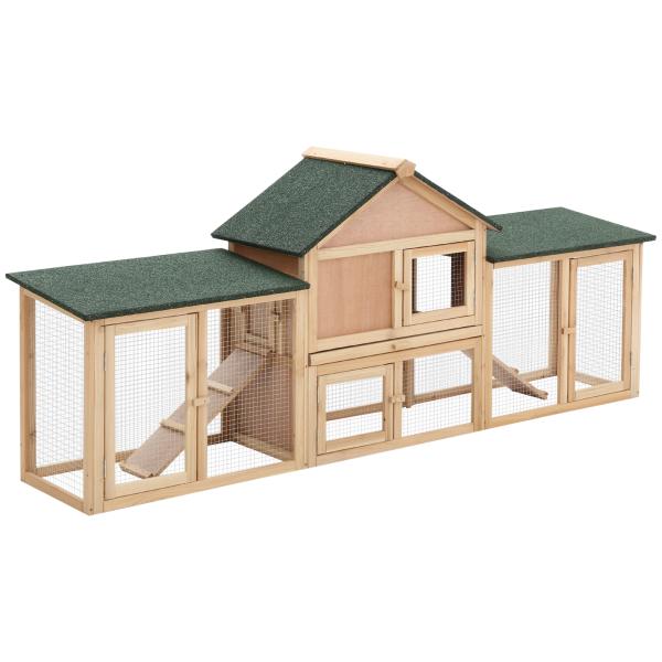 Coelheira de Exterior Grande Gaiola de Madeira para 2 - 4 Coelhos com Teto Asfáltico Recinto de Arame Bandeja Removível e Rampas 210x45,5x84,5 cm Natural