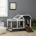 Coelheira de Madeira com Rodas para 1 - 2 Coelhos com Teto Abatível Bandeja Amovível 108x58x73,5cm Marrom Café e Branco