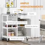 Carrinho de Cozinha com Rodas 1 Gaveta Prateleiras Suporte para 4 Garrafas e Armário Carga 40kg 76x48x88cm Branco e Cinza