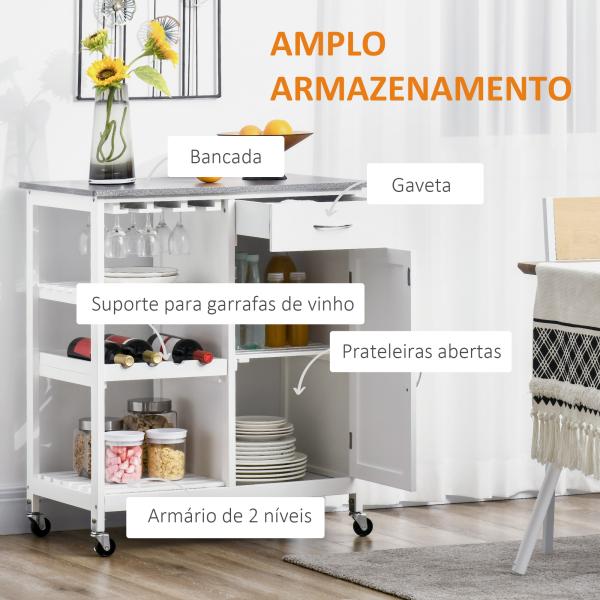 Carrinho de Cozinha com Rodas 1 Gaveta Prateleiras Suporte para 4 Garrafas e Armário Carga 40kg 76x48x88cm Branco e Cinza