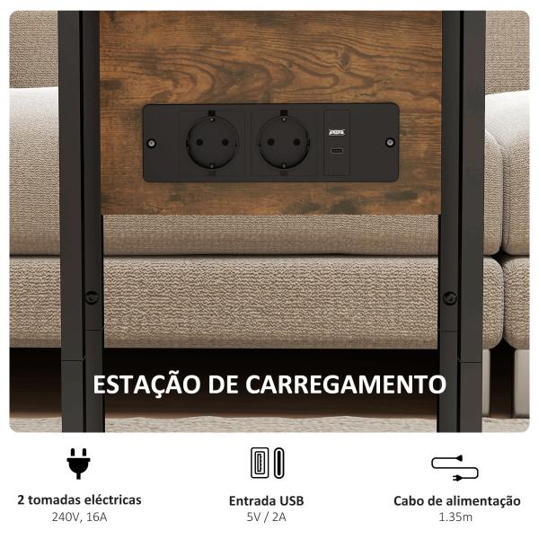Mesa Auxiliar para Sofá com Tampo Dobrável Estação de Carga e Pés Ajustáveis para Espaços Pequenos Madeira