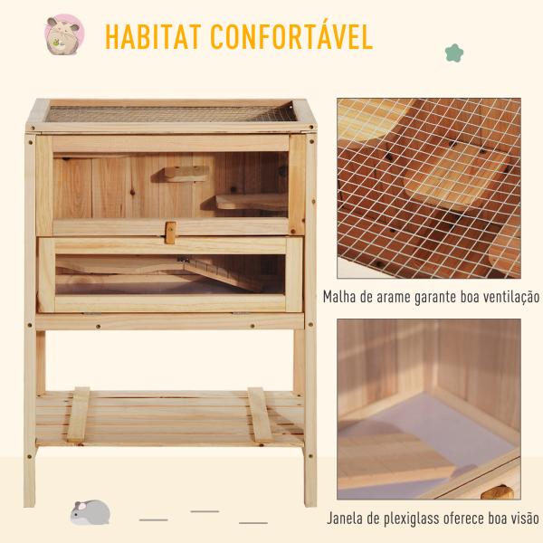 Gaiola de Madeira para Hamster com 5 Plataformas Rampa Dobrável Janela de Acrílico e Prateleira Inferior 60x40x80 cm Madeira Natural