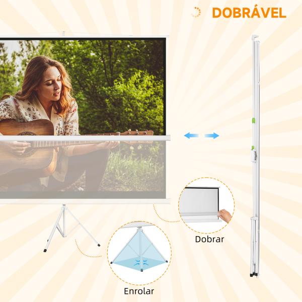 Tela de Projeção Manual com Suporte 120 Polegadas Formato 4:3 com Altura Ajustável 244x183 cm Branco