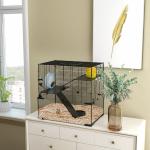 Gaiola para Hamster com Fundo de Vidro Plataformas Comedouro Bebedouro Casa Rampas e Roda de Exercício 60x40x54,5 cm Preto