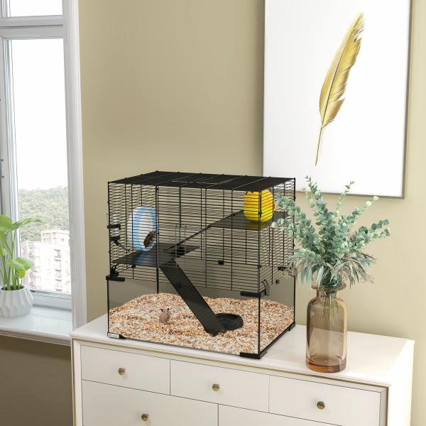 Gaiola para Hamster com Fundo de Vidro Plataformas Comedouro Bebedouro Casa Rampas e Roda de Exercício 60x40x54,5 cm Preto