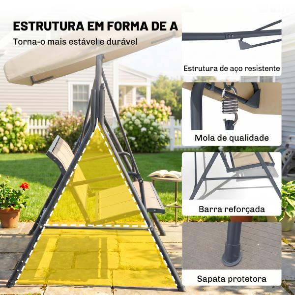 Baloiço de Jardim Exterior de 3 Lugares com Toldo Reclinável Assento Respirável e Estrutura de Aço 175x118x159 cm Bege