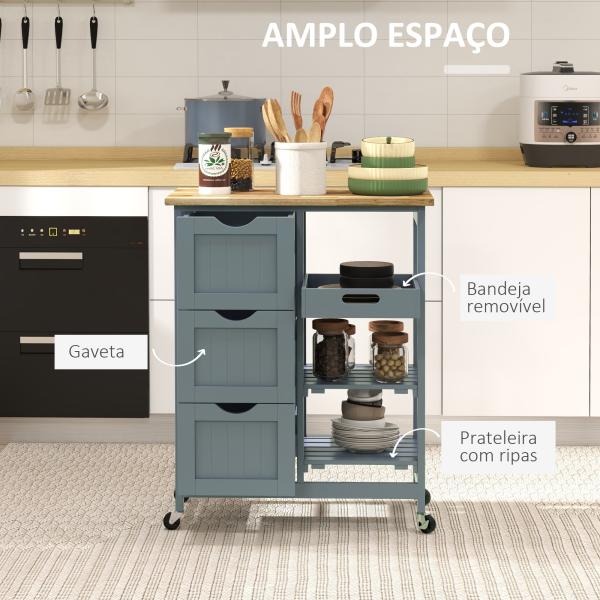 Carrinho de Cozinha com Rodas Carrinho de Serviço com 3 Gavetas 2 Prateleiras Abertas e Bandeja 67x37x85,5 cm Cinzento