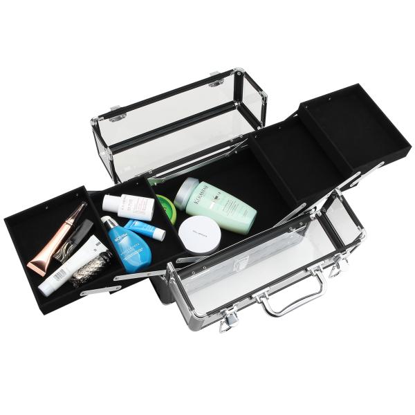 Estojo de Maquilhagem Organizador de Cosméticos Portátil com Múltiplos Níveis Alça e Bandejas 30x18,5x22 cm Preto e Transparente