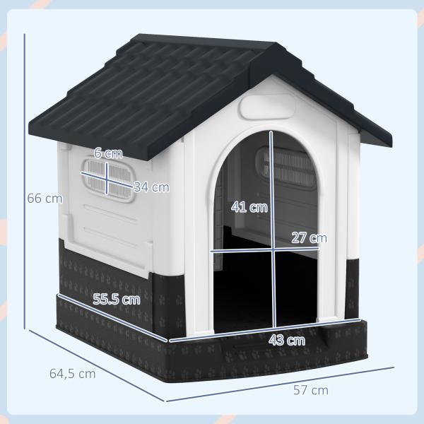Casa para Cães Mini de Exterior em Plástico com 3 Janelas Base Elevada Telhado Inclinado 64,5x57x66 cm Cinzento Escuro