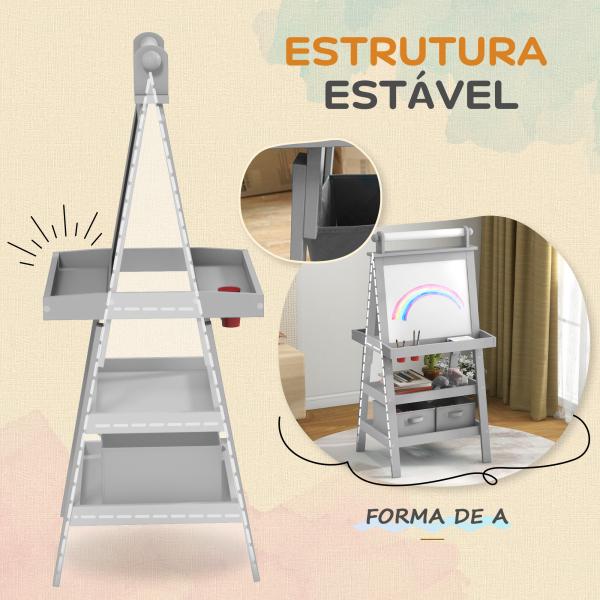 Cavalete de Pintura Infantil 3 em 1 Quadro Dupla Face com Rolo de Papel e Cestos de Arrumação Cinzento
