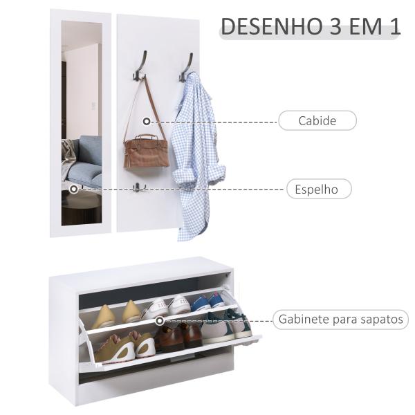 Móvel Cabide de Entrada de 3 Peças Armário de Entrada com Cabide Espelho e Sapateira 80x27x46,5cm Branco