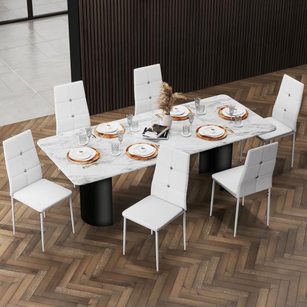 Conjunto de 6 Cadeiras de Sala de Jantar Estofadas em PU Cadeiras de Cozinha com Encosto Alto com Botões 41x50x97 cm Branco