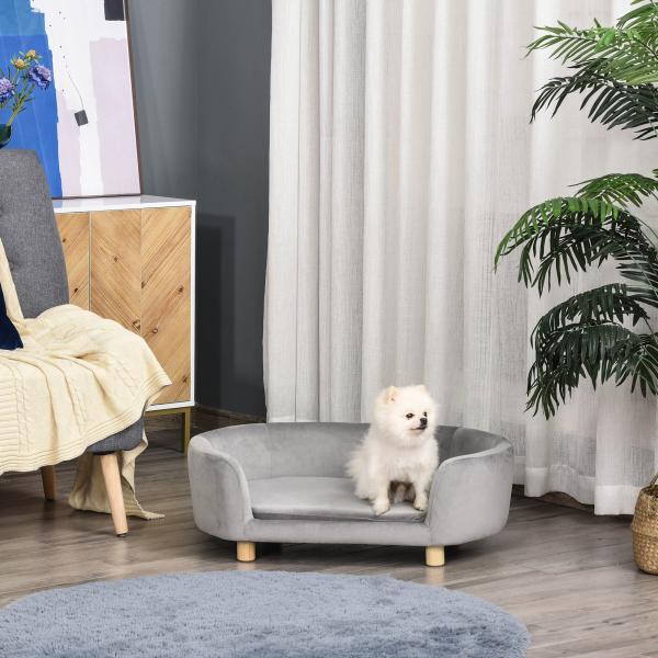 Sofá para Cães Pequenos com Pés de Madeira Almofada Removível e Capa Lavável 86x55x33 cm Cinzento Claro