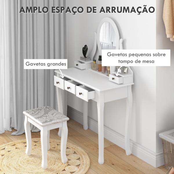 Toucador de Maquilhagem com Banco MDF e Madeira Maciça 80x40x140cm Branco