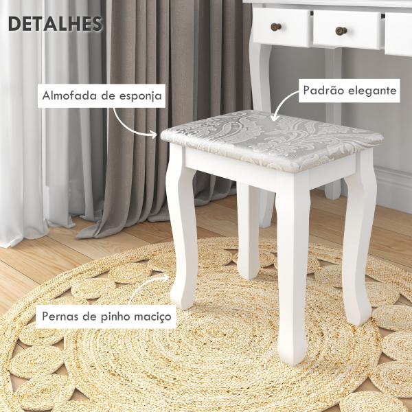 Toucador de Maquilhagem com Banco MDF e Madeira Maciça 80x40x140cm Branco