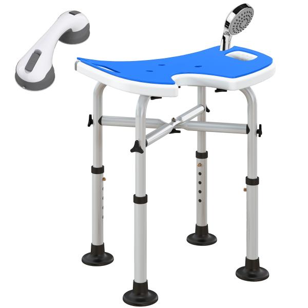 Banco de Duche para Idosos Antiderrapante com Barra de Apoio Altura Regulável e Assento em Forma de U 48,5x33x39 - 51,5 cm Azul