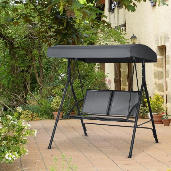 Baloiço de Jardim Exterior para 2 Pessoas Toldo Ajustável Estrutura em Aço Assentos de Textilene 140x118x162 cm Cinzento Escuro