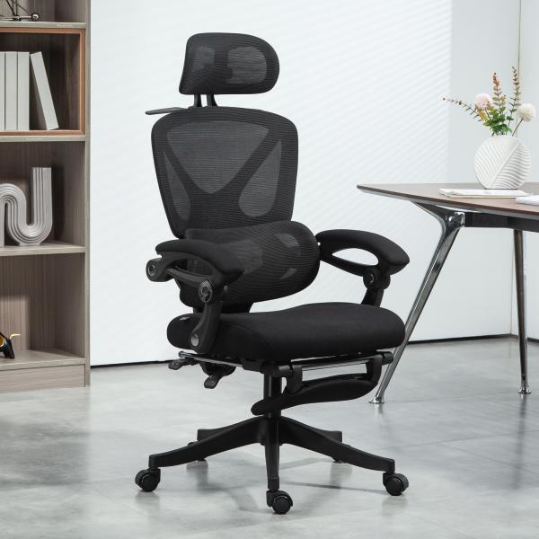 Cadeira de Escritório de Malha com Apoio para a Cabeça Suporte Lombar Apoio para os Pés Função de Inclinação 71x70x109 - 119 cm Preto
