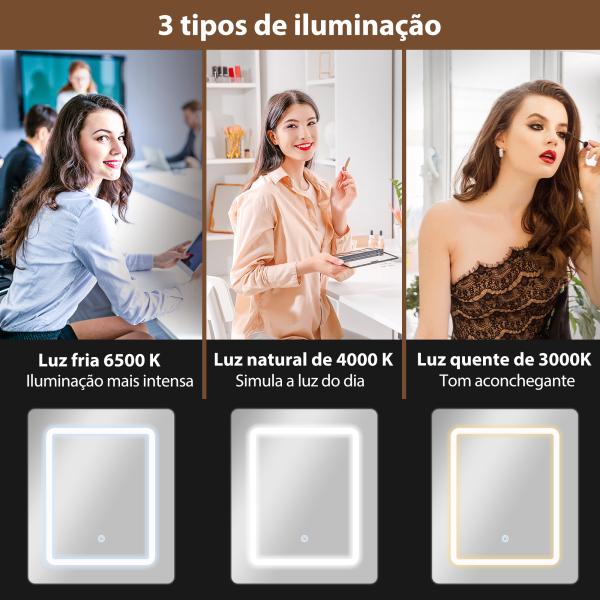 Tocador de Maquilhagem com Luzes LED de Cor Ajustável e Espelho Tocador com Lateral Rebatível Gaveta 45x45x152 cm Branco