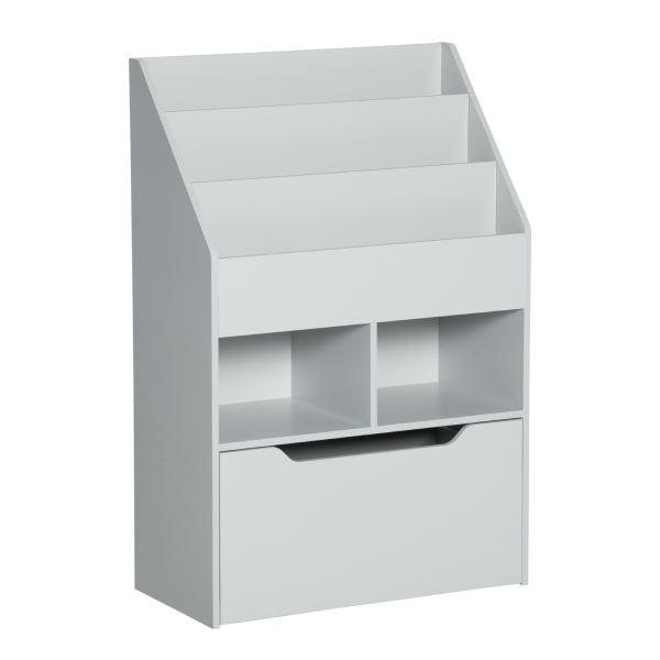 Estante de Madeira para Brinquedos com 3 Compartimentos 2 Prateleiras e Gaveta Móvel com 4 Rodas 60x29,9x90cm Cinza