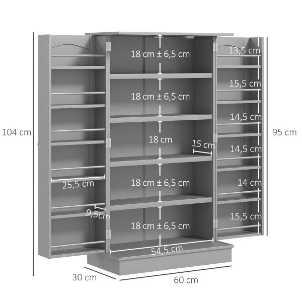 Armário de Cozinha Armário Despensa Cozinha com 2 Portas e 16 Prateleiras Armário Moderno 60x30x104 cm Cinzento
