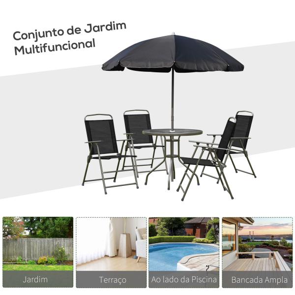 Conjunto de Jardim Refeição 6 Peças com 4 Cadeiras Dobráveis 1 Mesa com Bancada de Vidro e 1 Chapéu de Sol Preto