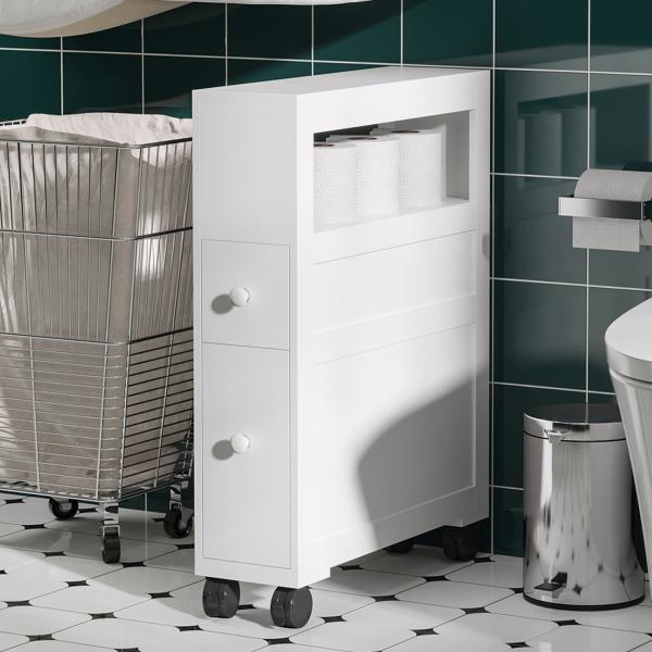 Armário Casa de Banho para Espaços Reduzidos com 4 Rodas Prateleira Aberta e Gavetas 16x52x71,5 cm Branco