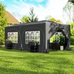 Tenda Dobrável 3x6 m com Painéis Laterais UPF50+ Tenda de Jardim com Altura Ajustável e Bolsa de Transporte Cinza Escuro