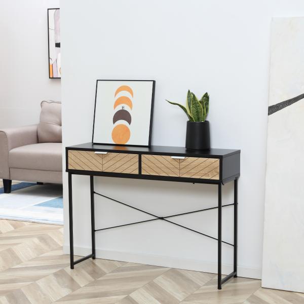 Mesa Consola 100x30x75 cm Mesa de Entrada Moderna com 2 Gavetas de Armazenamento Preto e Madeira