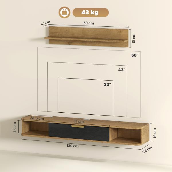 Móvel de TV Sala de Estar com Prateleira de Parede Armário Orifícios para Cabos para Televisão de Parede 120x24x16 cm Carvalho