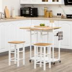 Conjunto de Mesa Alta de Bar e 2 Bancos com Rodas Mesa Dobrável de Cozinha com Bancos 86x75,5x83,5 cm Natural
