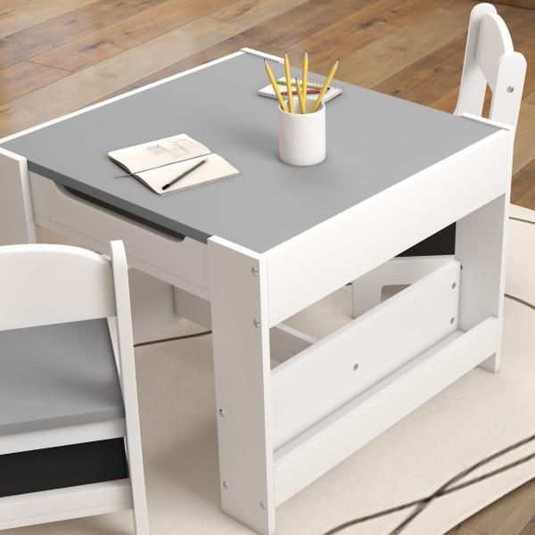 Conjunto de Mesa e 2 Cadeiras Infantis 2 em 1 com Ardósia Gavetas de Tecido e Espaço de Armazenamento para Quarto Cinza