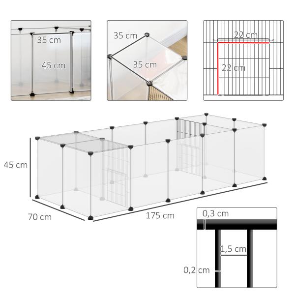 Recinto para Animais de Estimação DIY com 20 Painéis Parque para Pequenos Animais Modular 175x70x45 cm Translúcido