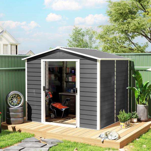 Abrigo de Jardim 4,4 m² 240x206x198 cm Abrigo de Jardim com Porta de Correr e Fechadura Cinza Escuro