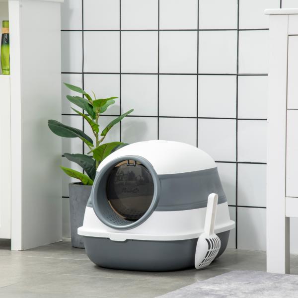 Caixa de Areia para Gatos Dobrável Caixa de Areia para Gatos Fechada com Pá 52x41x38 cm Branco e Cinza
