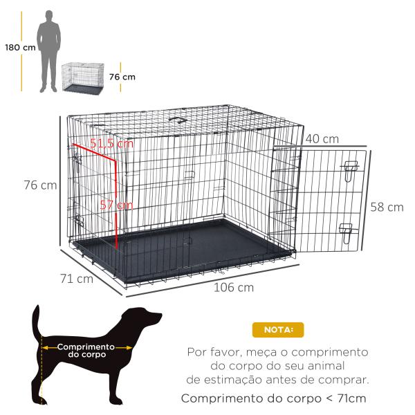 Gaiola para Cães Pequenos Gaiola para Animal de Estimação Dobrável com 2 Portas Alça de Transporte Bandeja Removível Aço 106x71x76cm Preto