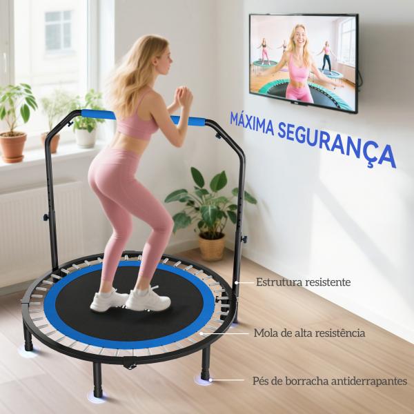 Trampolim Fitness Ø122 Trampolim Dobrável com Pega Ajustável em 4 Níveis Estrutura de Aço Azul