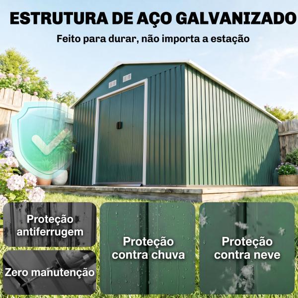 Abrigo de Jardim Metálico 340x386x200cm Abrigo para Armazenamento de Ferramentas com Base de Reforço Incluida Verde