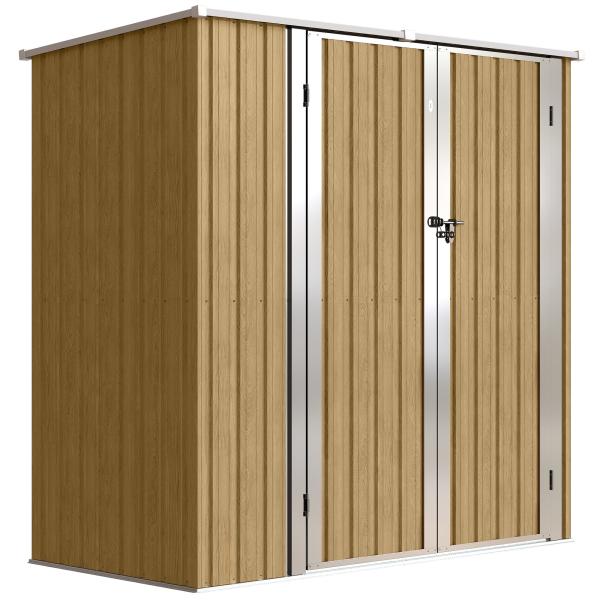 Abrigo de Jardim Exterior Metálico 1,37 m² 163x89x163 cm com Telhado Inclinado, Portas com Fecho e Luvas Castanho