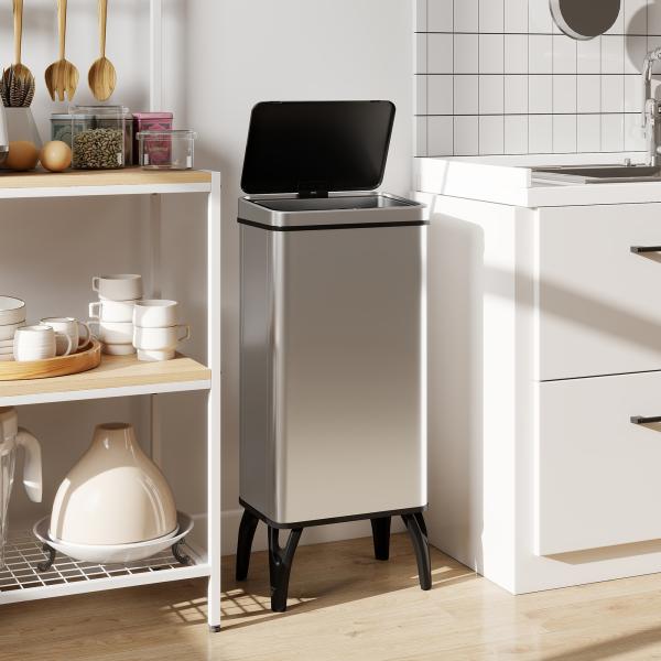 Balde de Lixo Automático 50 L em Aço Inoxidável com Sensor Infravermelhos e Aro de Retenção 35,5x26x83,5 cm Prata