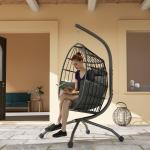 Cadeira Suspensa com Suporte Cadeira Baloiço de Jardim com Cesto Dobrável Almofada e Apoio para a Cabeça 120x88x192 cm Preto